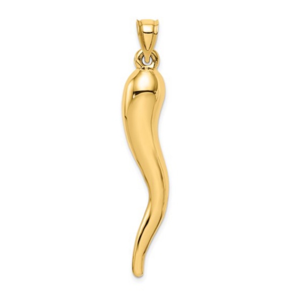 10K Yellow Gold Hollow Italian Horn Pendant – Polished 3D Cornicello Charm
